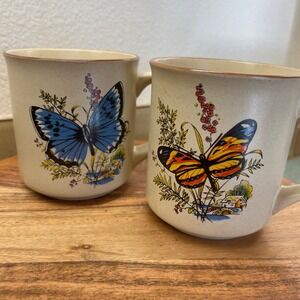 Vintage Korean Viking Stoneware Butterfly Mug Set of 2 Blue & Orange